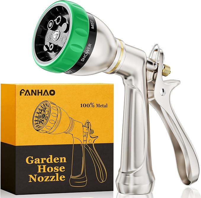 FANHAO 7 Spray Patterns Metal Garden Hose Nozzle with Lockable Trigger | Rustproof Hose Sprayer Nozzle Heavy Duty, High Pressure Adjustable Garden Nozzle for Watering Plants, Car & Pet Washing