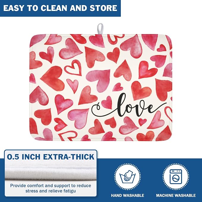 Valentine's Day Red and Pink Heart Dish Drying Mat 18x24 Inch | Polyester，Absorbent Microfiber，for Kitchen Coffee Dining Bar Decor