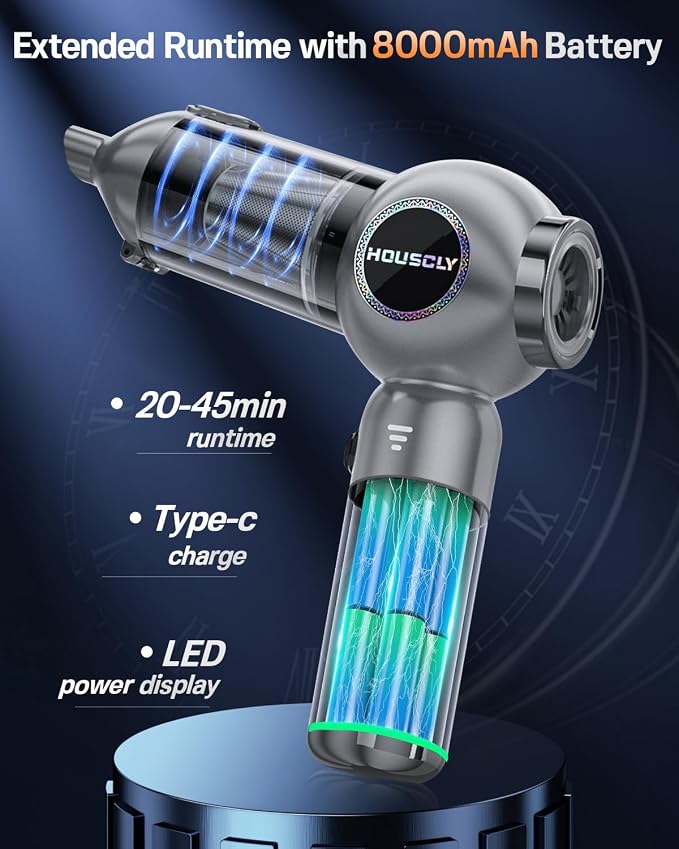 houscly Car Vacuum Cordless Mini Handhled 4-in-1 High Power Cleaner 25000Pa | Brushless motor-8000mAh-Rechargeable-Duster blower-Pet hair crumb cleaning for car sofa office desk- Ideal gifts for men