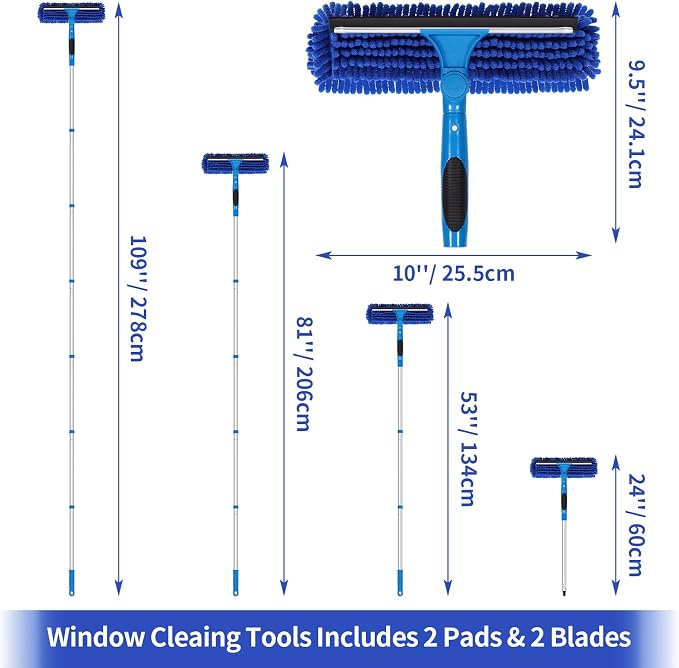 109" Window Cleaning Squeegee Kit, Professional 2 in 1 Squeegee Window Cleaner with Extension Pole, Window Washing Kit with 2 Blade 2 Pads for Indoor & Outdoor High Windows Car Glass