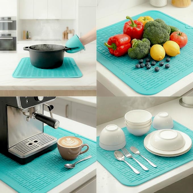 MicoYang Silicone Dish Drying Mat for Multiple Usage,Easy clean,Eco-friendly,Heat-resistant Silicone Mat for Kitchen Counter or Sink,Refrigerator or Drawer Liner Mint XL 18 inches x 16 inches