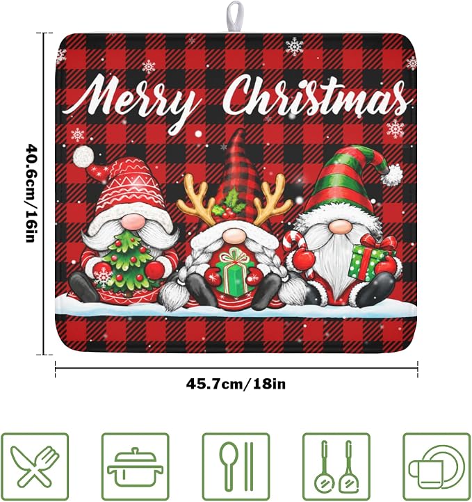 Merry Christmas Dish Drying Mat 16x18 Inch Xmas Santa Claus Winter | Polyester，Absorbent Microfiber，for Kitchen Coffee Dining Bar Decor