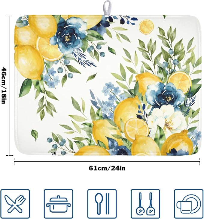 Blue Floral Camellia Lemon Dish Drying Mat 18x24 Inch | Polyester，Absorbent Microfiber，for Kitchen Coffee Dining Bar Decor
