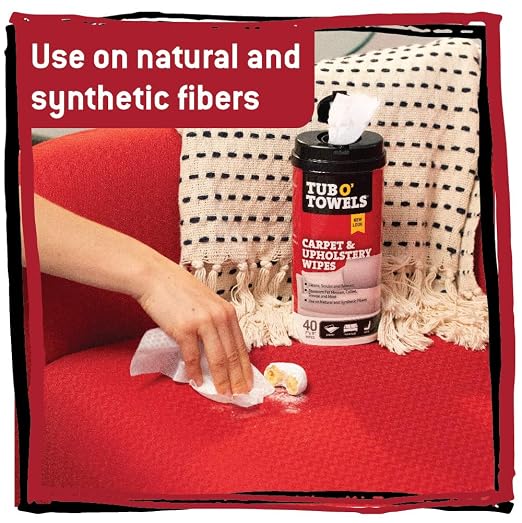 Tub O' Towels Carpet & Upholstery Cleaning Wipes 2 Pack – 7 x 8 Pre-Moistened Multi Surface Fabric Cleaning Wipes, 40 Count for Carpet, Rugs & Furniture