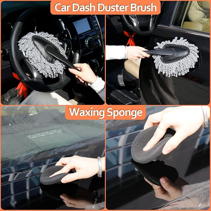 THINKWORK Car Detailing Kit, Microfiber Cleaning Tools with Storage Bag | Scratch-Proof Microfiber, 17Pcs Complete Set, Fits Most Vehicles, Dual Interior & Exterior Use, Orange, Ideal Gift