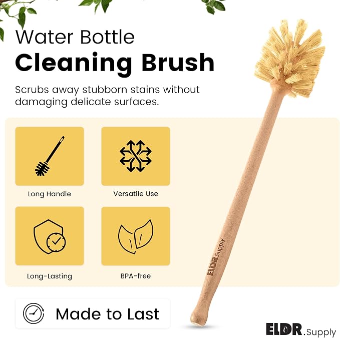 ELDR Supply Bottle Brush, 14in Extra Long German Beechwood Handle, Strong Hemp Bristles, Zero Waste, Cleans and Scrubs Hard to Reach Wide Mouth Jars, Glasses, and Tumblers