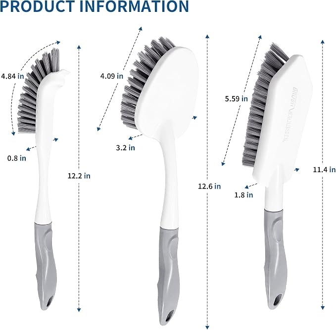 3PCS Heavy Duty Scrub Brush Set - Shower Cleaning Brushes for Bathroom | Corner brush with scraper, V-shape grout brush & stiff scrubber. For grout, tracks, crevice, shower, tub & floor.