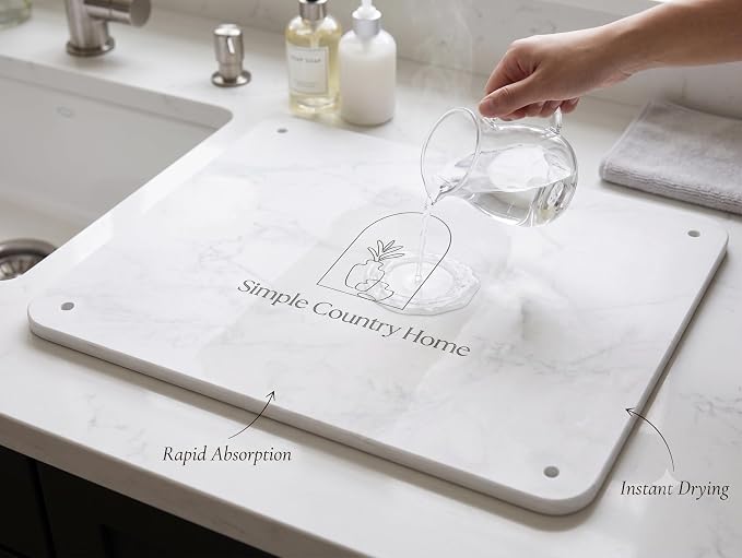 Stone Dish Drying Mat for Kitchen Counter - Ultra Absorbent Diatomaceous Earth Drying Stone, Fast Dry Non Slip Counter Mat Perfect for Dishes, Baby Bottles & Cups | White Marble ( 16x12 Inch )