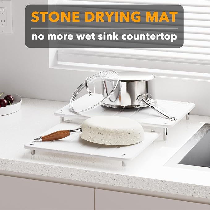 SpaceAid 2 Pack Stone Dish Drying Mats for Kitchen Counter, Expandable Absorbent Rack Dish Pad, Quick Dry Diatomaceous Earth Dishes Mat Tray, Absorbing Sink Stone Mat Board (White)