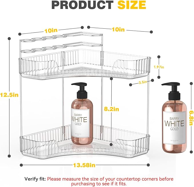 Asayuee 2-Tier Corner Bathroom Counter Organizer with Top Toothbrush Holders,Large Makeup Organizer Countertop with Brush Holder,Skincare Organizers Corner,Exquisite Vanity Organizer(Clear, 2 Tier)