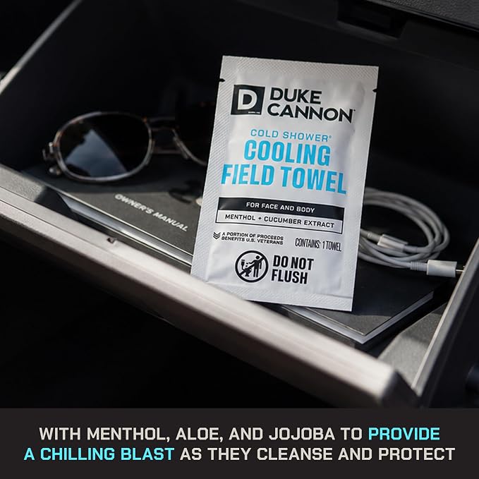 Duke Cannon Cold Shower Cooling Field Towels, 15 Count, 1 Box | Menthol, aloe and jojoba provide instant cooling and cleansing with 15 individually wrapped towels in a resealable pouch.