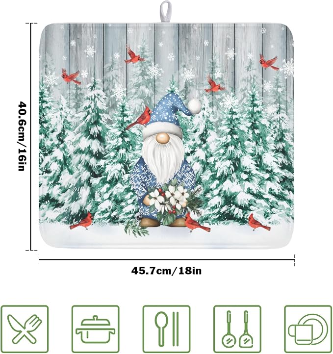 Giwawa Winter Gnome Dish Drying Mat Pine Tree Dishes Pad 16"x18" Microfiber Absorbent Fast Dry Drainer Rack Mats Protector for Kitchen Countertop