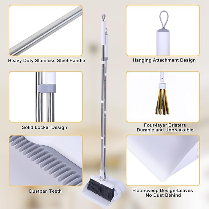 Heavy Duty Broom and Standing Dustpan Combo Set, Rotatable Head Dust Pan and Brush Set with Collapsible Handle, Cleaning Teeth, Hanging Loop, Ideal for Pets, RV, Kitchen, Camping, Outdoor Floor, White