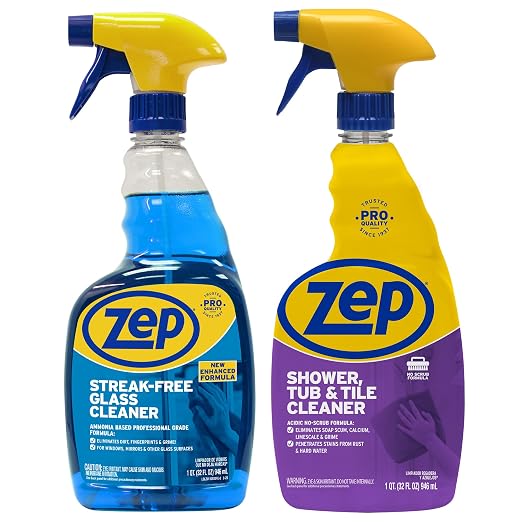 Zep Shower Tub & Tile Cleaner 32 oz (1 Unit) and Zep Streak-Free Glass Cleaner 32 oz (1 Unit) ECBD054 – Tub and Tile Cleaner with Glass Cleaner for Soap Scum and Shower Glass