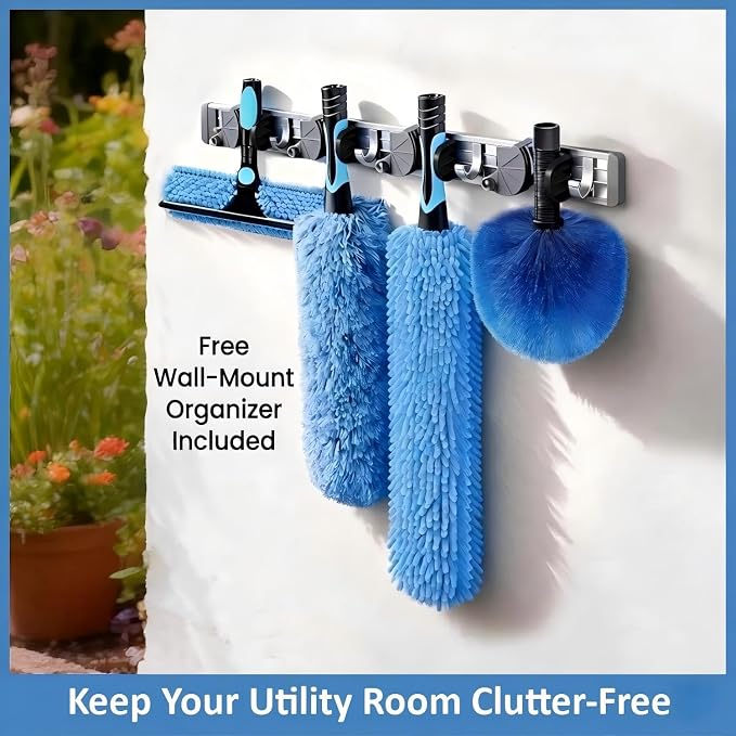 36ft High Ceiling Duster Kits with 5-30ft Heavy Duty Extension Pole - Fan Blade Cleaner, Cobweb Remover & Blue Window Squeegee Kit, Washable Dust Brush for High Roof and Glass Surfaces