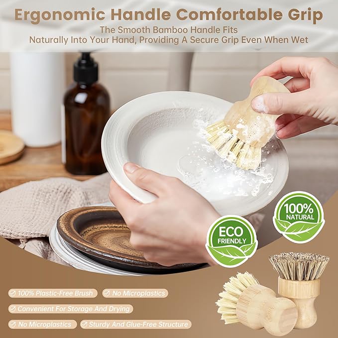 DEBETOOL 2-Pack Bamboo Dish Brush – Natural Dish Scrub Brush with Sisal & Palm Bristles for Non-Stick Pans, Pots, Vegetables, and Kitchen Cleaning
