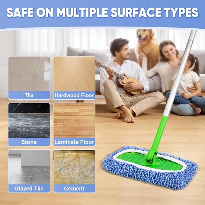 6 Pack Reusable Mop Pads Compatible with Swiffer Sweeper, Chenille Mop Refill Pads, Dry & Wet Mopping Cloths for Floor Cleaning -Blue