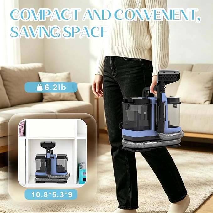 18Kpa Carpet Cleaner Machine, Portable Carpet and Upholstery Cleaning Machine, Deep Cleaning for Rugs, Couch, Car Interiors Stains, Pet & Family Friendly, 120V (HAZE BLUE)