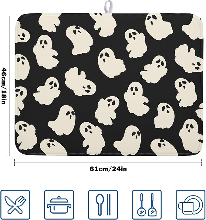 Halloween Ghosts Dish Drying Mat for Kitchen Counter Halloween Cute Ghost Drying Dish Mat 18”x24” Absorbent Microfiber Reversible Kithchen Mats for Countertop Fast Dry Dish Draining Mats for Halloween