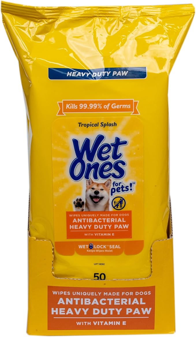 Wet Ones for Pets Antibacterial Heavy Duty Dog Paw Wipes with Tropical Splash Scent - Kills 99.99% of Germs, Thick Durable Disposable Paw Wipes for Dogs, 50 Count
