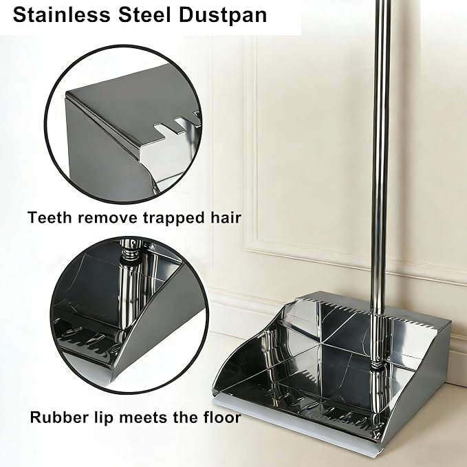 Heavy Duty Broom and Dustpan Set, Stainless Steel, 52.7-Inch for Sweeping | No-bend stand up design