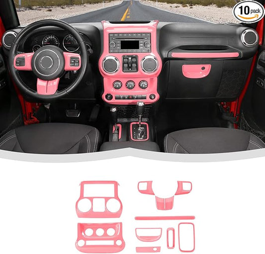 10PCS Full Set Interior Trim Kit for 2011-2018 Jeep Wrangler JK JKU,Center Console Trim, Dashboard Conditioning Switch Co-Pilot Handle Armrest Box Gear Shift Cover Trim(Pink)
