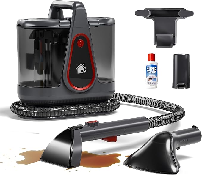 WURESE 17KPa Portable Carpet Cleaner Machine, Spot Shampooer for Couch Sofa | Dual Separate Tanks| Self-Cleaning| Extended Hose| Deep Suction for Couches, Stubborn Pet Stains & Muddy Paw Prints,GrayRed