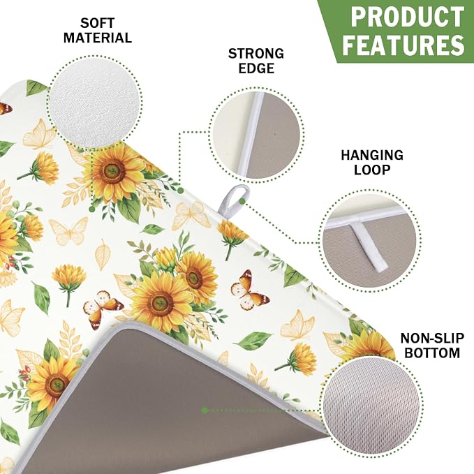 Sunflower Dish Drying Mat for Kitchen Counter Summer Yellow Floral Microfiber Dish Drainer Mat Rustic Farmhouse Absorbent Washable Drying Pad 16"x18"