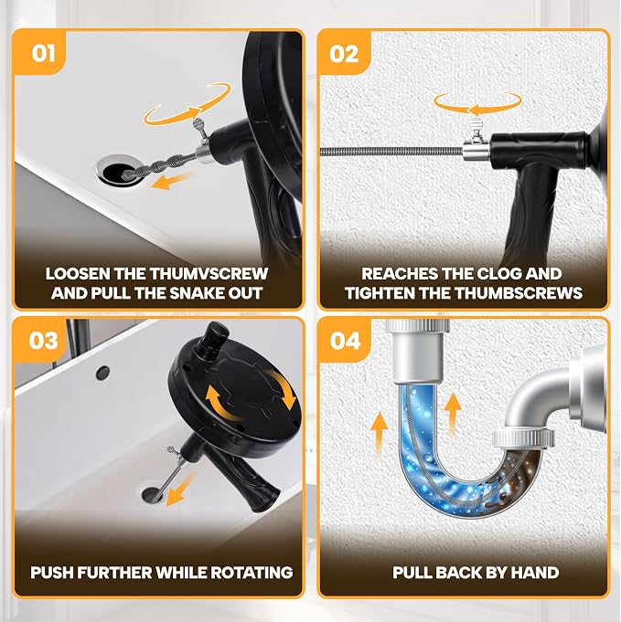 Drain Auger 33 ft, Plumbing Snake Hair Clog Remover Drain Snake Flexible Grabber Heavy Duty Sink Cleaner Tools for Shower Bathtub Bathroom Kitchen Pipe, Black