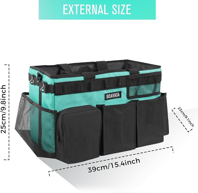 SCAVATA Wearable Cleaning Caddy Bag, Cleaning Caddy Supplies Organizer with Handle & Shoulder Straps for Housekeepers, Under Sink & Car Cleaning Tool Organizers with 4 Foldable Divider (Lake Blue)