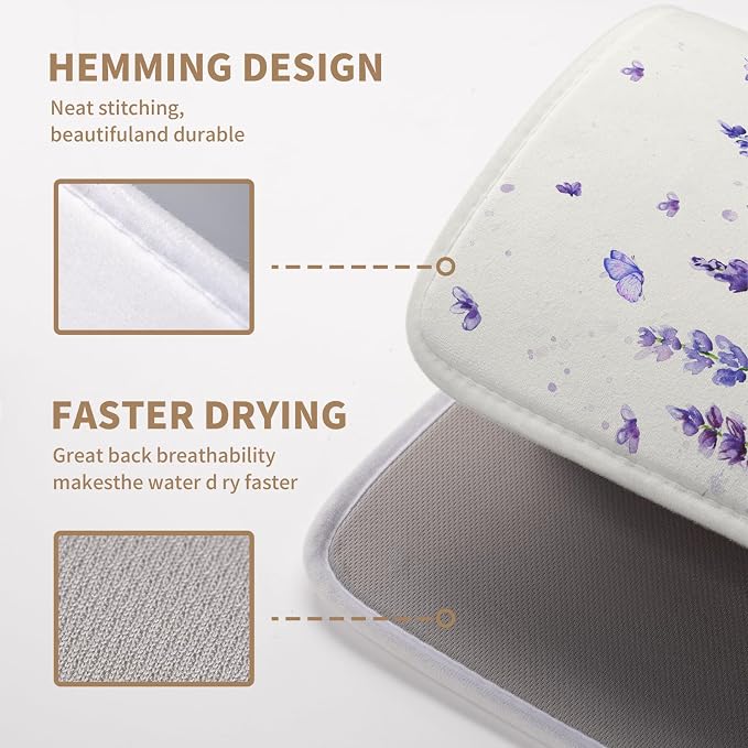 Purple Lavender Dish Drying Mat for Kitchen Counter Spring Summer Flower Floral Dishes Drainer Mats Absorbent Microfiber Dish Drying Pad Washable Dish Draining Mat Medium 16x18 Inch