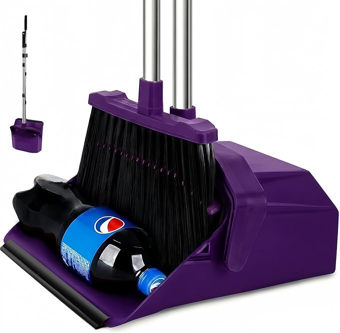 Broom and Dustpan Set for Home, 51" Long Handle Standing Dustpan Purple | Self-Cleaning Dust Pan and Brooms, ZeroGap Lip, Upright Storage Broom Combo for Kitchen Lobby Office Restaurant Indoor