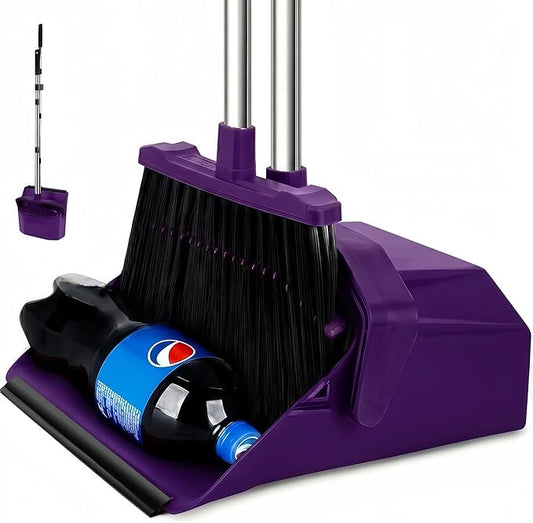 Broom and Dustpan Set for Home, 51" Long Handle Standing Dustpan Purple | Self-Cleaning Dust Pan and Brooms, ZeroGap Lip, Upright Storage Broom Combo for Kitchen Lobby Office Restaurant Indoor