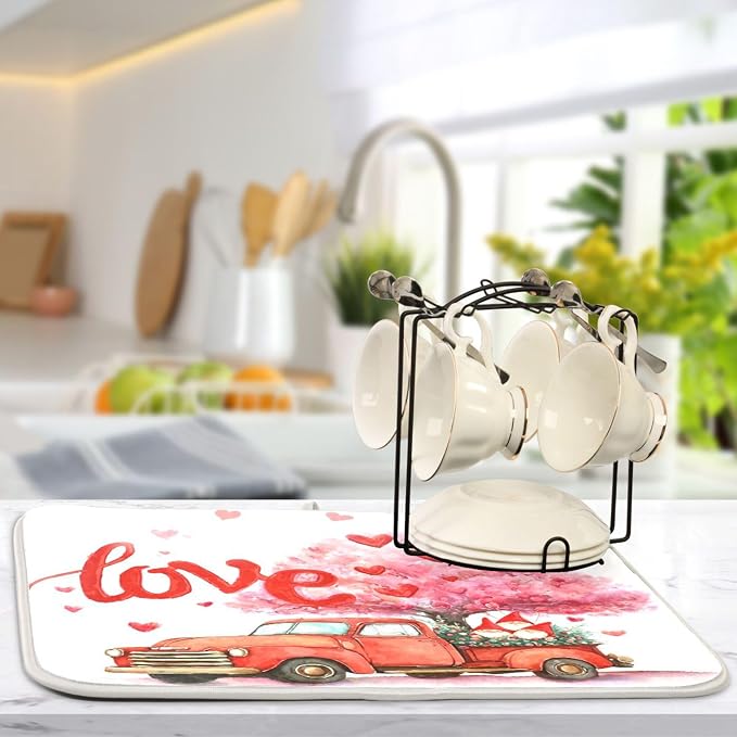 Valentine’s Day Love Tree Dish Drying Mat for Kitchen Countertop 18x24 Happy Valentines Day Gnomes White Large Drying Mat Reusable Quick Dry Dish Sink Mats Easy Clean Decorative Essentials