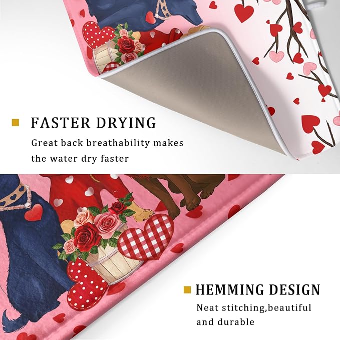 Love Dog Dish Drying Mat 18"x24" Red Heart Microfiber Dish Drainer Mat Hanging Loop Absorbent Fast Dry Pad Kitchen Counter Bar Accessories