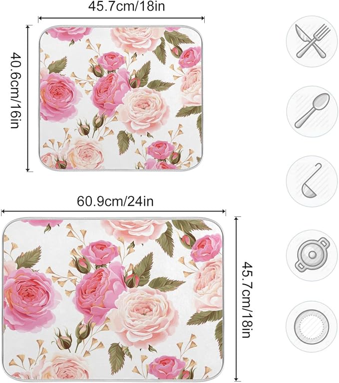 Absorbent Dish Drying Mat for Kitchen Counter - Floral Rose Pink Microfiber Drying Pad, Reversible Drainer Mats for Countertop, Lager 18 x 24 inch