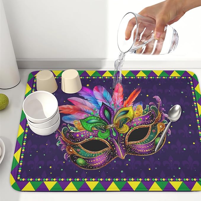 Mardi Gras Dish Drying Mat for Kitchen Counter Masquerade Mask Feather Drying Mats Absorbent Reversible Microfiber Washable Draining Pad Washable Dry Mat 18x24 Inch