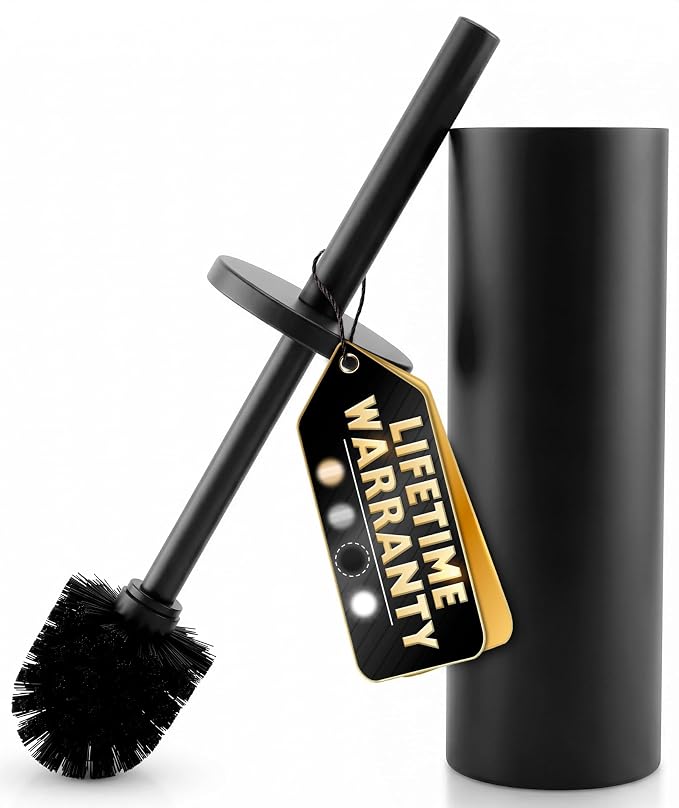 Stainless Steel Toilet Brush and Holder Set, Splash Guard (Black) | Matte Black Toilet Brush and Holder Set, Removable Bowl, Dense Bristles, Long Handle, Scratch Resistant, for Modern Bathrooms