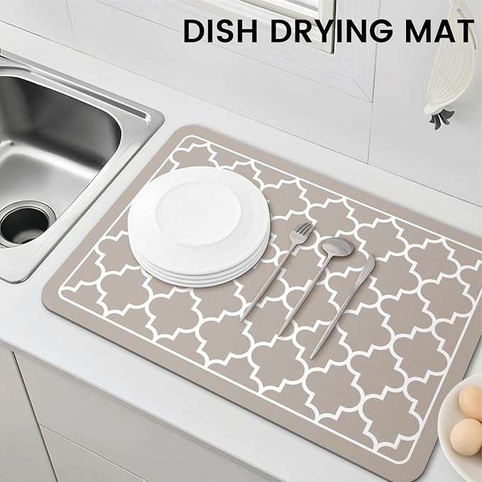 WISELIFE Dish Drying Mat Super Absorbent Drying Mat Large Dish Drying Mats for Kitchen Counter Easy Clean Dish Mat Kitchen Drying Mat16"x 24" Stylish Khaki