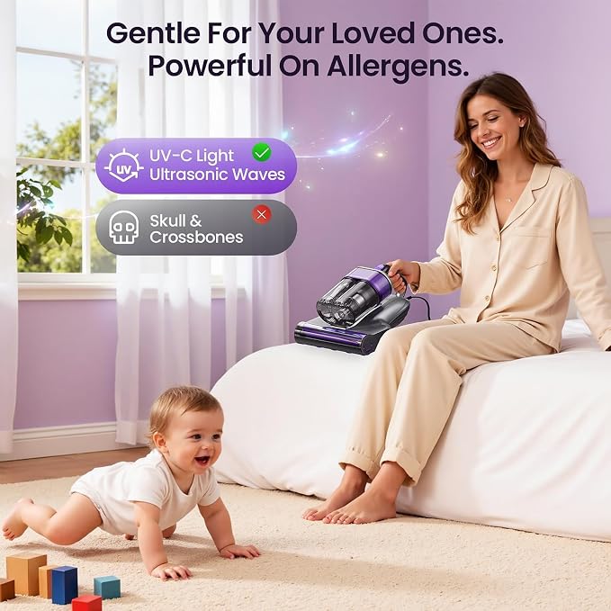 Maircle Mattress Vacuum Cleaner with UV Light, Bed Vacuum with Dust Detection, 16KPa Handheld Vacuum with LED Display, 40,000 Beats/Min Tapping, 150°F Heat, HEPA Filter for Bed, Couch
