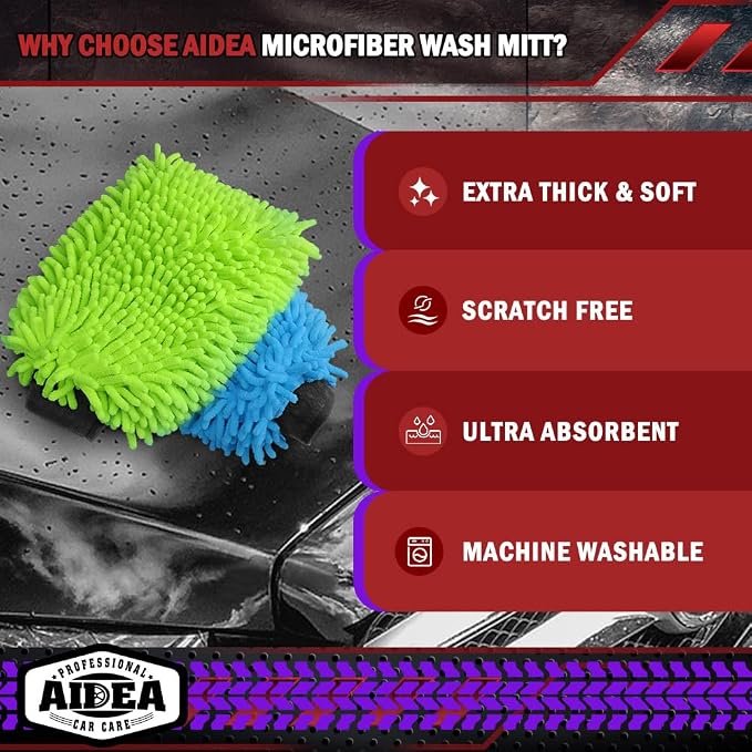 AIDEA Car Wash Mitt Microfiber, 2PK, Car Wash Brush, 8''X12'' | Scratch Free Lint-Free, Premium Chenille Microfiber Mitt, Extra Large Size, Green & Blue