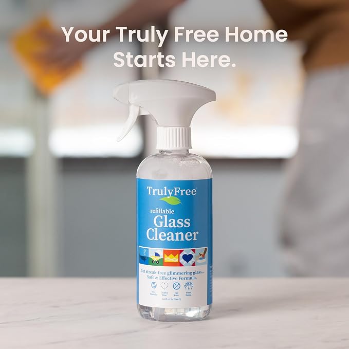 Truly Free Natural Glass Cleaner Kit - Removes Dirt & Debris for Sparkling Clean Windows & Glass Surfaces at Home, Office & Garage, Includes 16 oz Reusable Empty Bottle + Two Fills, 3 oz ea.