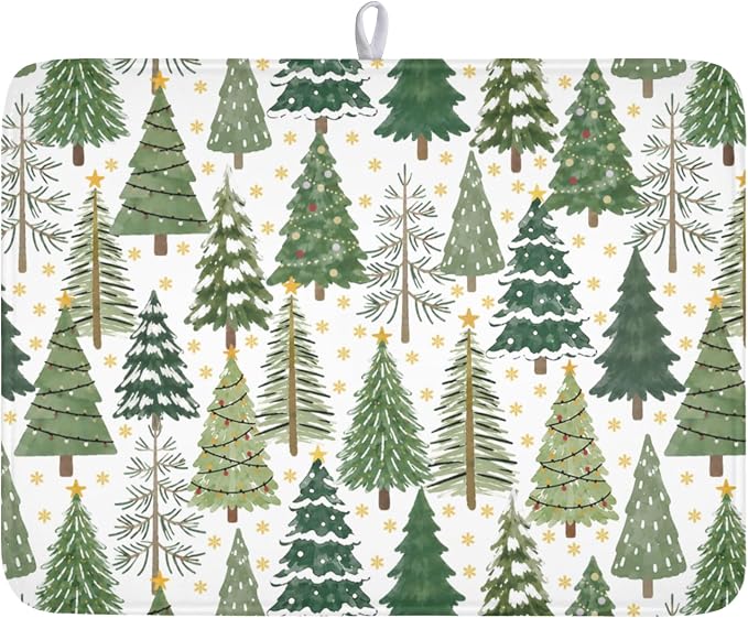 Christmas Dish Drying Mat 18x24 Inch Green Xmas Tree Winter Snowflake | Polyester，Absorbent Microfiber，for Kitchen Coffee Dining Bar Decor
