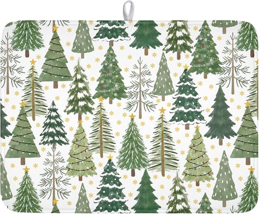 Christmas Dish Drying Mat 18x24 Inch Green Xmas Tree Winter Snowflake | Polyester，Absorbent Microfiber，for Kitchen Coffee Dining Bar Decor