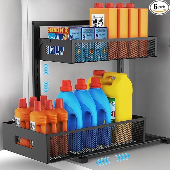 Petiza Under Sink Organizer Pull Out Cabinet Organizer Adjustable Height 2 Tier with Sliding Drawers Kitchen Bathroom Organizer and Storage(1pc) (Pack of 6)