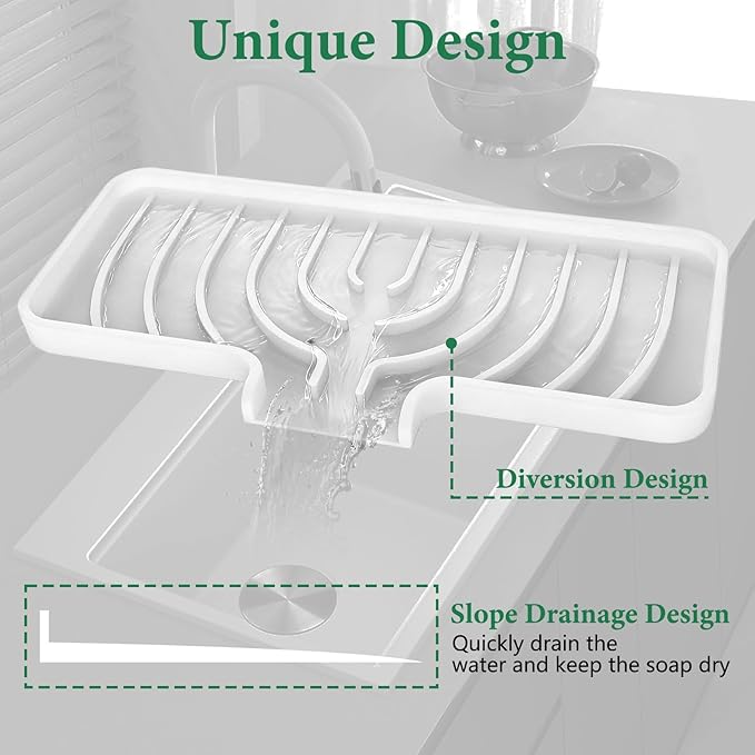 GUUKIN Sponge Holder for Kitchen Sink, 10x4 inch Silicone Dish Drying Mat, Compatible with Scrub Daddy, Kitchen Sink Accessories, Suitable for Kitchens & Bathrooms (White)