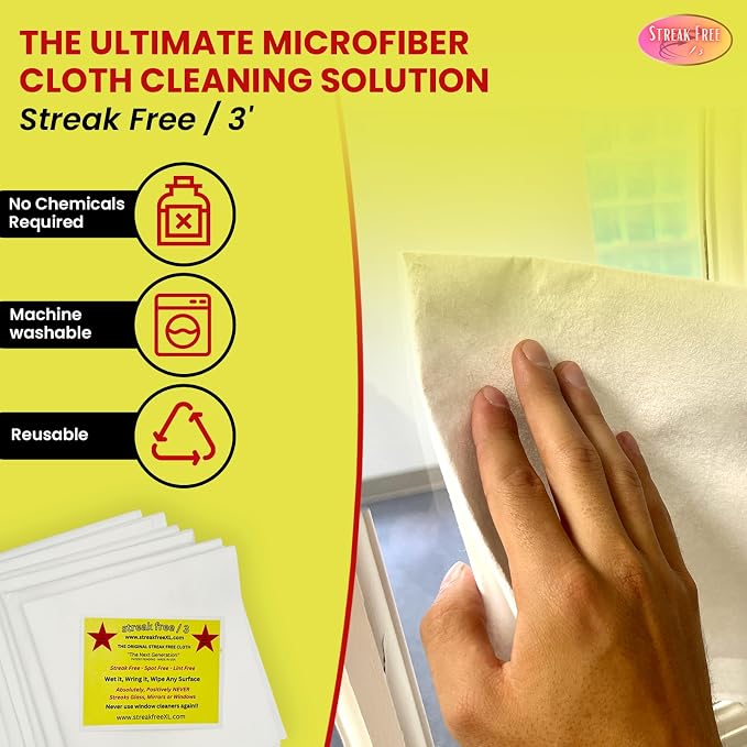 Streak Free/3 Microfiber Glass Cleaning Cloth, 6 Pack, Lint Free & Reusable