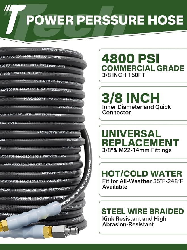 3/8" 4800PSI Pressure Washer Hose 150FT Swivel Quick Connect | Power Washer Hose for Cold/Hot Water Max 248°F, Kink Resistant Steel Wire Braided, Wear Resistant with M22 14mm Adapter