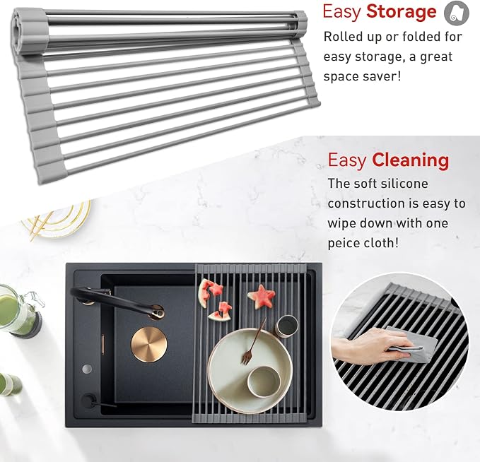 MERRYBOX Roll Up Dish Drying Rack, Over The Sink Dish Rack Foldable, Heat-Resistant, Anti-Slip Silicone Coated Steel Dish Drainer for Kitchen Sink, Multipurpose Roll Up Sink Drying Rack, 17.5" x 13"