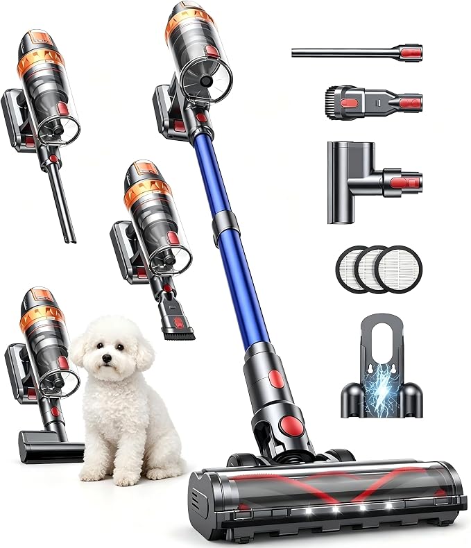 Cordless Vacuum Cleaner, 650W 50KPA 65Min Stick Vacuum Cleaners for Home, with Extra Mattress Cleaning Tool, Self-Standing, Wall Mount Charging, Stick Vacuum Cordless for Carpet Floor Pet Hair